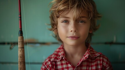 Young boy in a red checkered shirt with a fishing rod, seafoam green background.