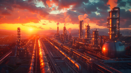 Fototapeta premium Dramatic sunset illuminating a hydrogen power plant, showcasing large steel structures and flowing pipes, envisioning sustainable energy production