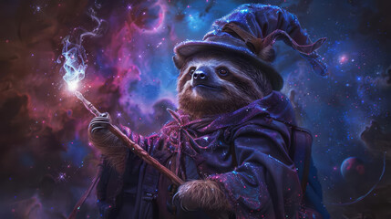 Naklejka premium A wise sloth wizard stands in the middle of a colorful nebula, holding a staff