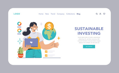 Sustainable Investing web or landing. Eager financial expert with laptop