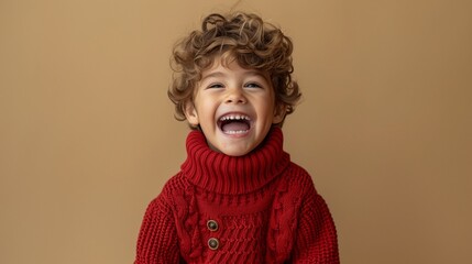 Young boy in a red sweater laughing joyfully against a soft beige background.