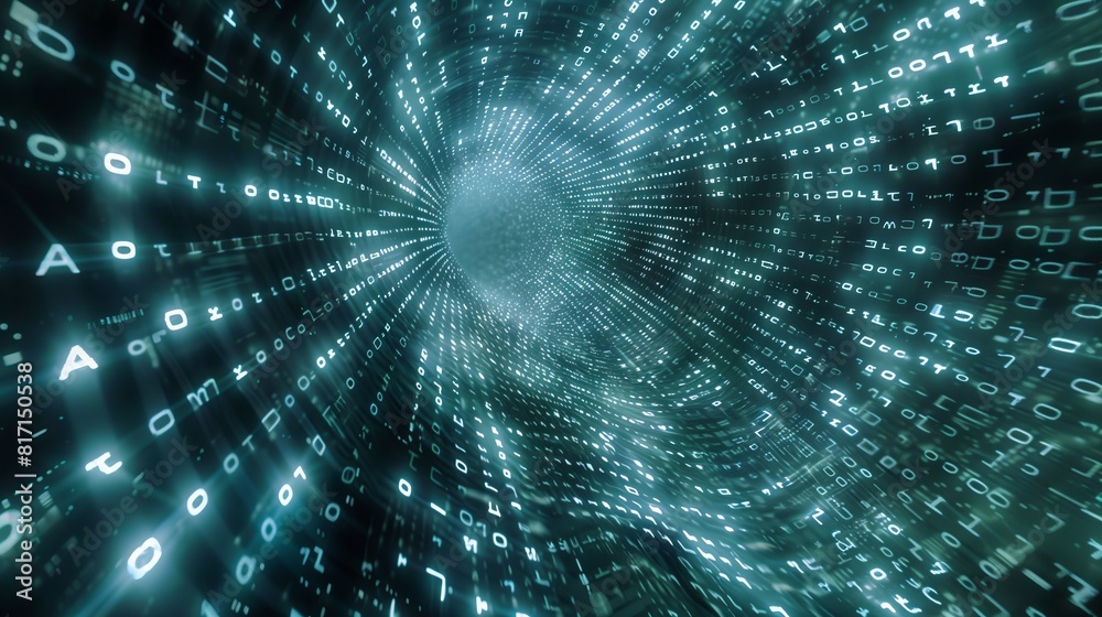 Poster digital matrix: binary code & pixeled designs fuse, symbolizing a tech-connected future.