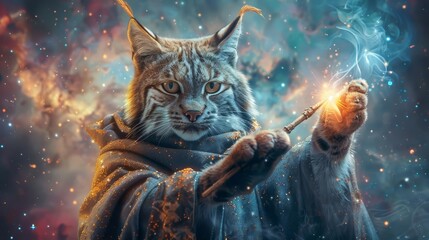 A mystical lynx wizard stands in the cosmos, holding a wand