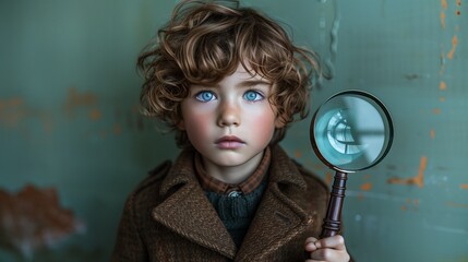 Young male child with a magnifying glass, detective look, wearing a dark brown coat, pale green background.