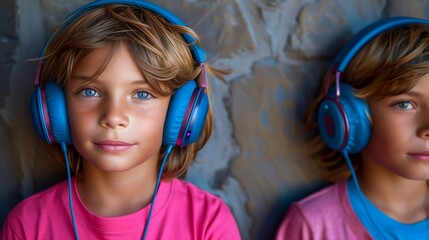 Young male child with headphones listening to music, wearing a bright pink shirt, slate background.