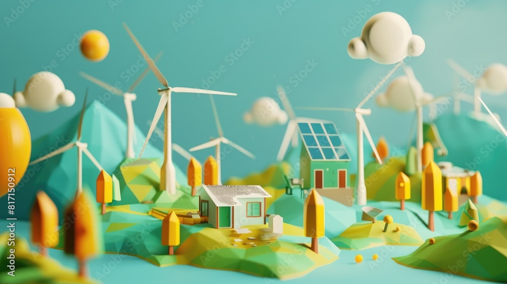 Sticker A vibrant 3D rendering depicting World Environment Day showcasing renewable energy sources such as wind and solar power The artwork features the generation of electricity through wind turbi