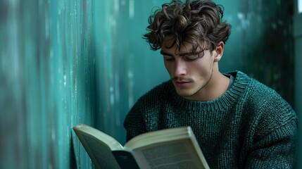 Young male in a forest green sweater reading a book, concentrated expression, teal background.