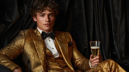 Young man in a golden tuxedo posing with a glass of champagne, black velvet background