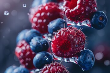 A creative close-up view of a DNA double helix made out of raspberries and blueberries, symbolizing...