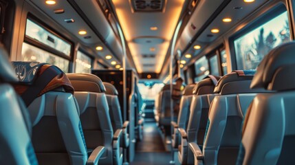 transport, tourism, road trip and equipment concept - travel bus interior and seats