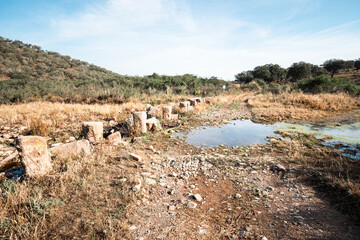 Camino del Sur - stepping stones across Ribera Atarja near Medina de las Torres, comarca of Zafra -...