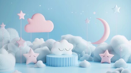 3D Light Blue Podium for Kids: Cute Minimalist Background with Airy Clouds, Mockup