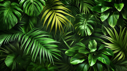 Green leaves of tropical plants against a background of the same color, Nature leaves, green tropical forest, background illustration concept