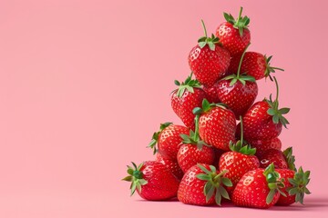 Fresh strawberries creatively stacked on pink background