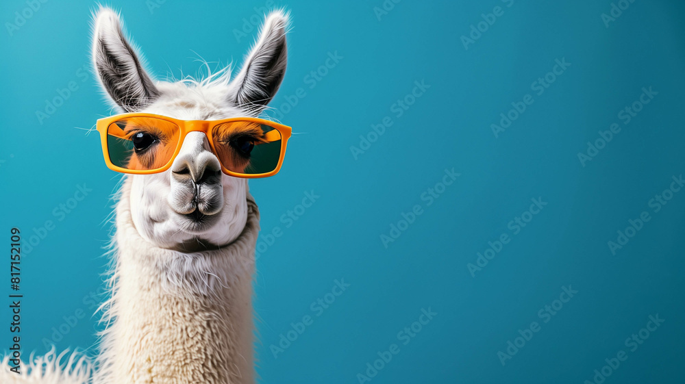 Wall mural llama striking a pose in trendy sunglasses, with solid background