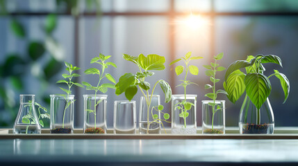 Examples of young plants growing in different types of scientific glassware in a lab environment, Growing plants in test tubes. Sustainable environment and education
