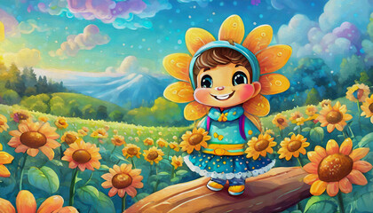 Fototapeta premium oil painting style cartoon character a close-up image of a baby Sunflower field over cloudy blue sky background,