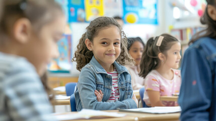 Little girl in classroom smiling with arms crossed during lesson