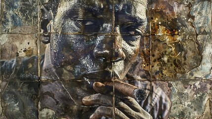 Mixed media artwork featuring a tough man smoking a big cigar, in urban graphic street art style