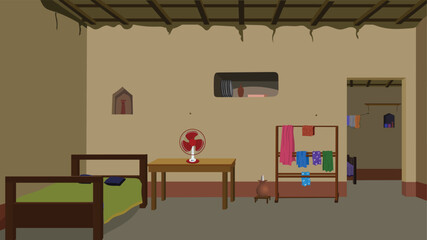Indian poor farmers house interior for cartoon animation background . Village indoor design vector