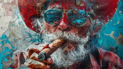 Graphic artwork of a tough man smoking a big cigar, with an urban street art vibe, created in mixed media 8K , high-resolution, ultra HD,up32K HD