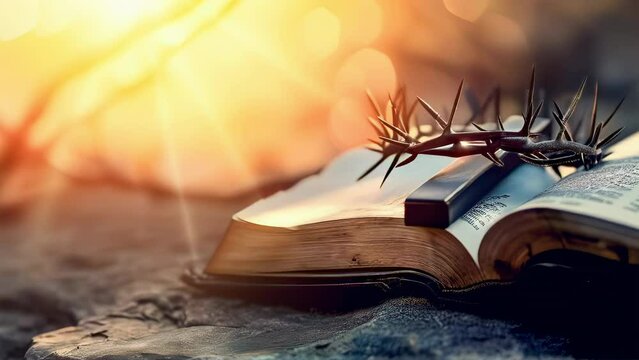 Faith & Christianity Concept. Open Bible with a crown of thorns, symbolizing faith, sacrifice, and redemption. Seamless loop video background