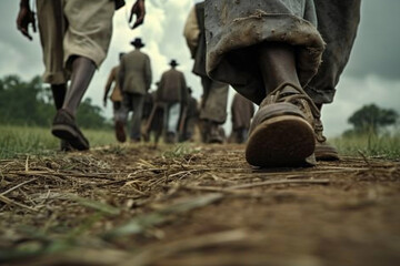 A group of freedmen, with weary faces and worn shoes, make their way to the nearest town, seeking a new beginning. 
