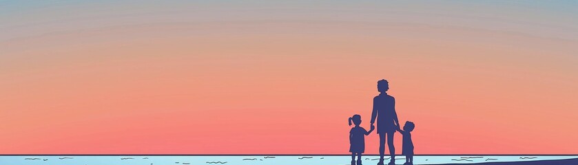 Obraz premium Silhouetted against the horizon, a mother and her children stand together, a sign of enduring motherhood
