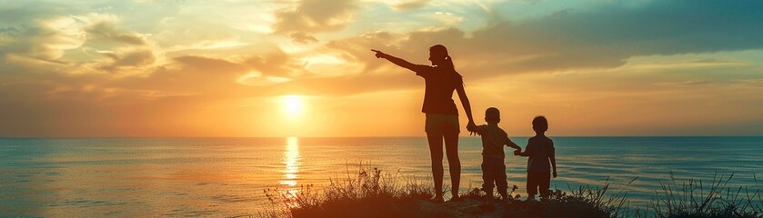 Fototapeta premium A mother in silhouette pointing to the horizon with her children, embodying the journey of motherhood 8K , high-resolution, ultra HD,up32K HD