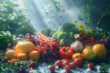 Vibrant 3D Rendering of Fresh Fruits and Vegetables. Vegan Concept
