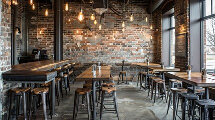 A cozy modern cafe featuring exposed brick walls, Edison bulb lighting, tall tables, and stools during the daytime.