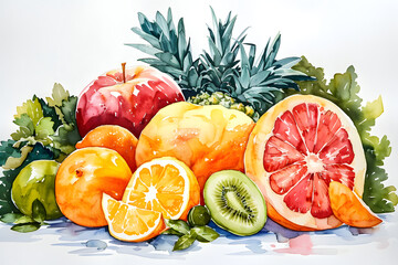 Vibrant Watercolor Painting of Mixed Fruits. Fresh Illustration