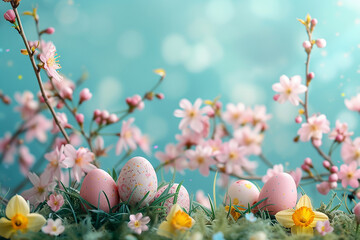 A beautiful picture of Pink flower with colorful Easter eggs