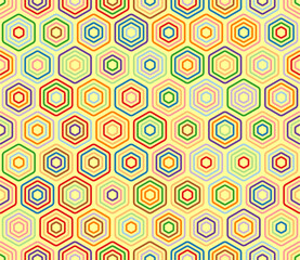 Abstract mosaic shapes geometric background. Bold stacked rounded hexagons mosaic cells. Honeycomb cells. Multiple tones color palette. Seamless pattern. Tileable vector illustration.