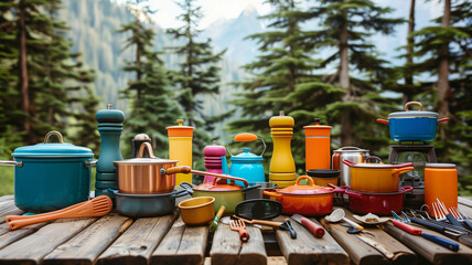 Fototapeta premium colorful assortment of camping cooking utensils and portable stoves arranged on a picnic table