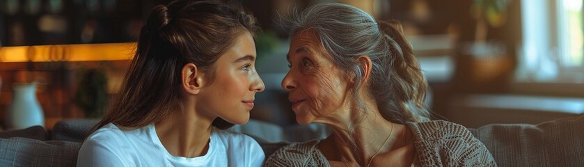 Fototapeta premium A mother and her midadult daughter sitting on a sofa, deeply engaged in conversation, the light from the window highlighting their close relationship 8K , high-resolution, ultra HD,up32K HD