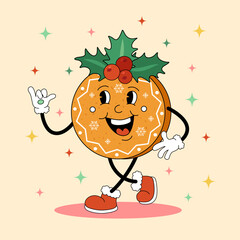 Cartoon retro Christmas Cookie with face on color background. Vector flat vintage gingerbread holiday illustration. Winter holly festive bakery character with smile for season greeting card or poster