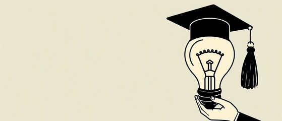 Light bulb with a graduation hat held by a hand on a grey background, representing education and knowledge for success in life Text space on the right side Black tassel on the cap and a world map insi