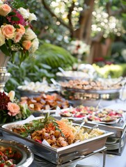 Elegant Wedding Reception Buffet Showcasing Fine French Culinary Mastery on a Sprawling Garden Patio