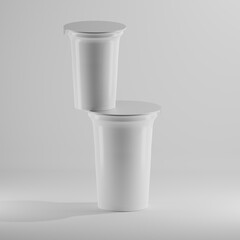 two white plastic  yogurt with metallic cap a top view 3d render