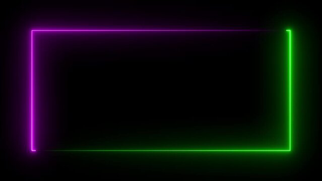 abstract glowing neon rectangle border frame. Animated Rectangle neon glowing frame background. Colorful laser show seamless loop 4K border.