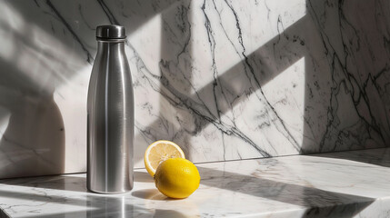 Reusable Stainless Steel Water Bottle Resting on Marble Countertop - Adorned with a Slice of Lemon...