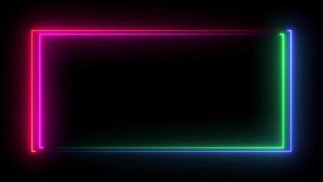 abstract glowing neon rectangle border frame. Animated Rectangle neon glowing frame background. Colorful laser show seamless loop 4K border.