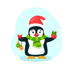 Funny flat penguin with Christmas hat and scarf on snowy background. Vector cartoon illustration with Christmas balls. Hand drawn image of cute winter character with smile for holiday poster or card