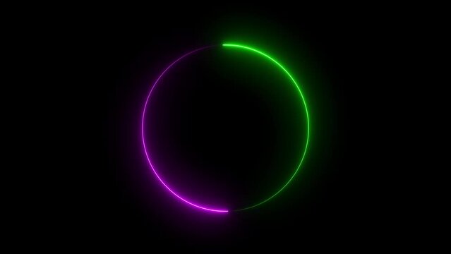 A circular neon frame made of two moving neon lights. Empty frame electric power round border glowing, burning flame sign.