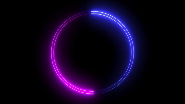 A circular neon frame made of two moving neon lights. Empty frame electric power round border glowing, burning flame sign.
