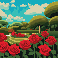 Red rose garden with green trees and beautiful cloudy sky