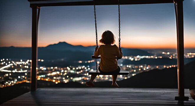 Person on a swing with a view of the city.