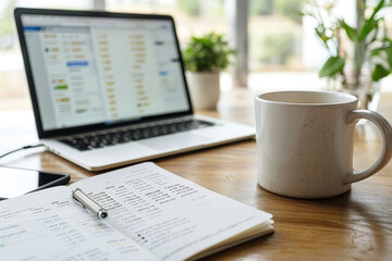 Obraz premium Workplace in office or at home of person writing desk with laptop, smartphone, cup of coffee or tea near window.