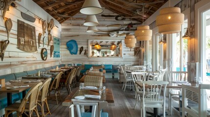 The interior of a coastal-themed restaurant features rustic decor, wooden tables, wicker chairs, and hanging lights, creating a cozy atmosphere by the beach.